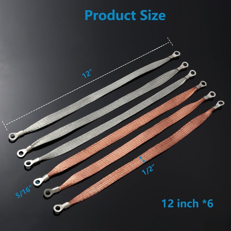Jeyoon 6Pcs Universal Automotive Ground Strap,12" x 1/2" Professional Vehicle Grounding Strap Cable, Braided Tinned Copper Engine Ground Strap Kit Ground Cable Wire with 5/16" Rings Terminal for Most Cars - Image 2